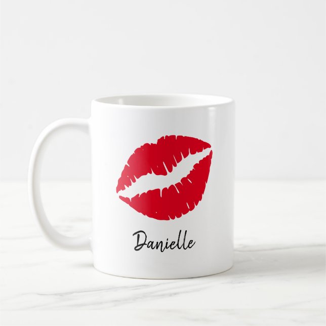 Caneca De Café Impressão de Beijo de Lábios Vermelhos Personaliza (Esquerda)