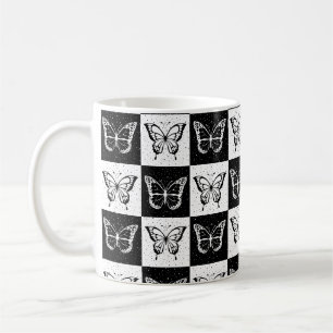 Caneca De Café Impressão de Bloco Verificado com Borboleta Branca