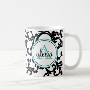 Caneca De Café Impressão de Damasco com Monogramas, preto e turq