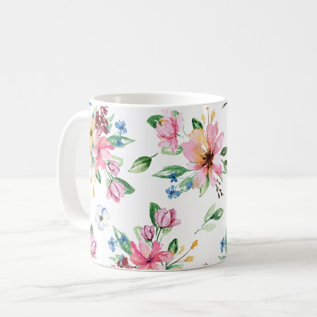 Caneca De Café Impressão de Folhagem Floral Verde Rosa Vibrante (Frente Esquerda)