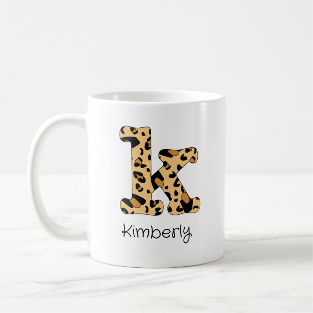 Caneca De Café Impressão de leopardo Inicial k Minúsculo e Nome (Esquerda)