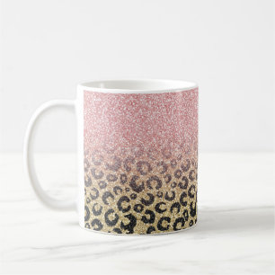 Caneca De Café Impressão de Leopardo Preto Glitter Dourado Elega