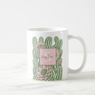 Caneca De Café Impressão de linocut de cacto retorcido florido em