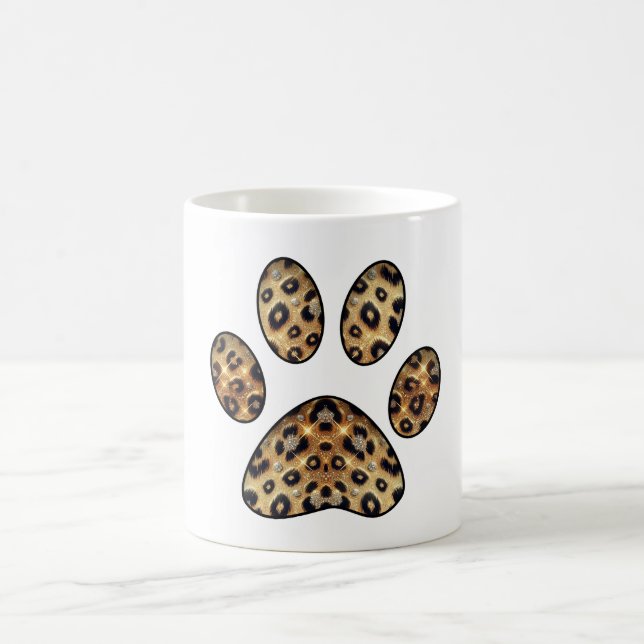 Caneca De Café Impressão de Pata com Brilho de Leopardo Dourado e (Centro)