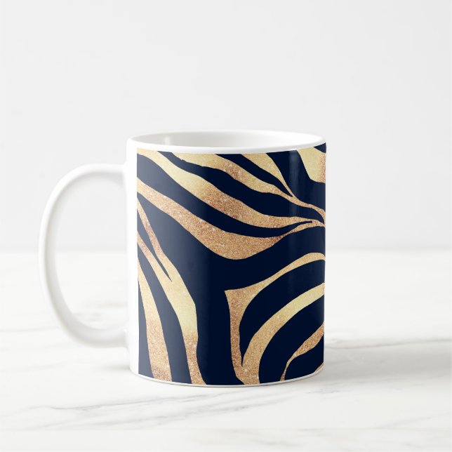 Caneca De Café Impressão de Zebra Azul Dourada Elegante Marinho (Esquerda)