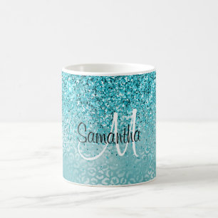 Caneca De Café Impressão do Leopardo Glitz Glitz Aqua Turquoise