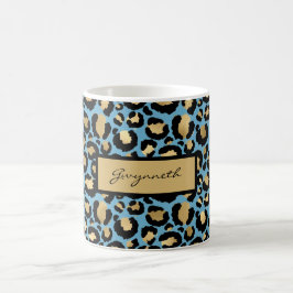 Caneca De Café Impressão Dourada de Leopardo Negro Azul com Seu N