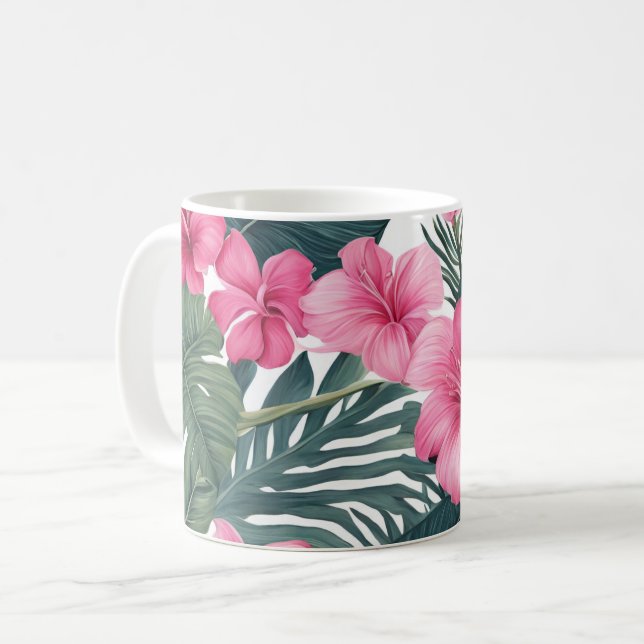Caneca De Café Impressão Floral de Feriado Rosa Tropical (Frente Esquerda)