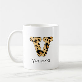 Caneca De Café Impressão Leopardo Inicial v Minúscula e Nome