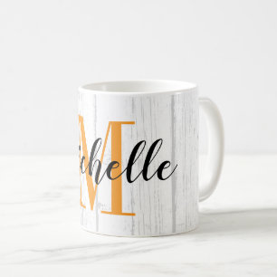 Caneca De Café Impressão rústica de grão de madeira branca monogr