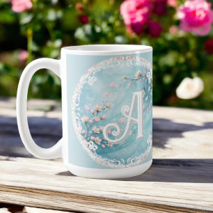 Caneca De Café Iniciais de Flor de Cerejeira Rosa Turquesa Elegan