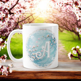 Caneca De Café Iniciais de Flor de Cerejeira Rosa Turquesa Elegan