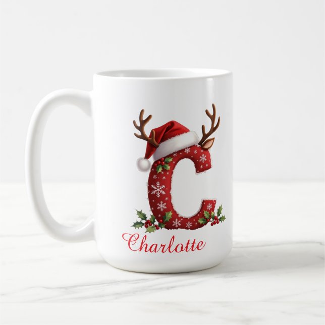 Caneca De Café iniciais de monograma c flocos de neve feliz Natal (Esquerda)