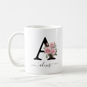 Caneca De Café Inicial A Rosas Cor-de-Rosa Floral Flores Monogram