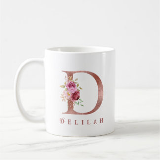 Caneca De Café Inicial D Floral em Ouro Rosa Personalizada