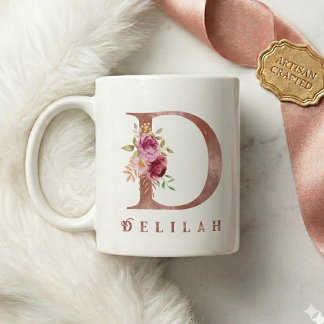 Caneca De Café Inicial D Floral em Ouro Rosa Personalizada
