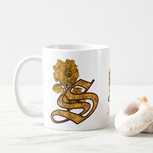 Caneca De Café Inicial de Monograma S Elegante Peônia Dourada Per