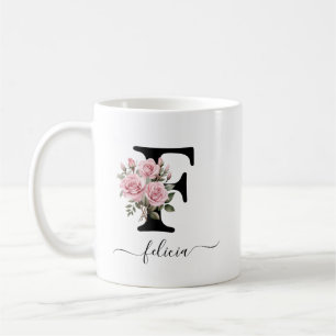 Caneca De Café Inicial F Rosas Cor-de-Rosa Florais Flores Monogra