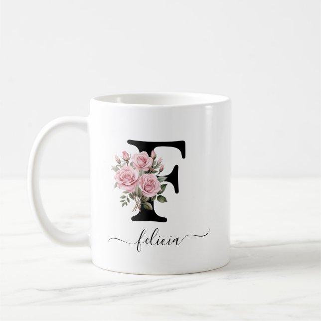 Caneca De Café Inicial F Rosas Cor-de-Rosa Florais Flores Monogra (Esquerda)
