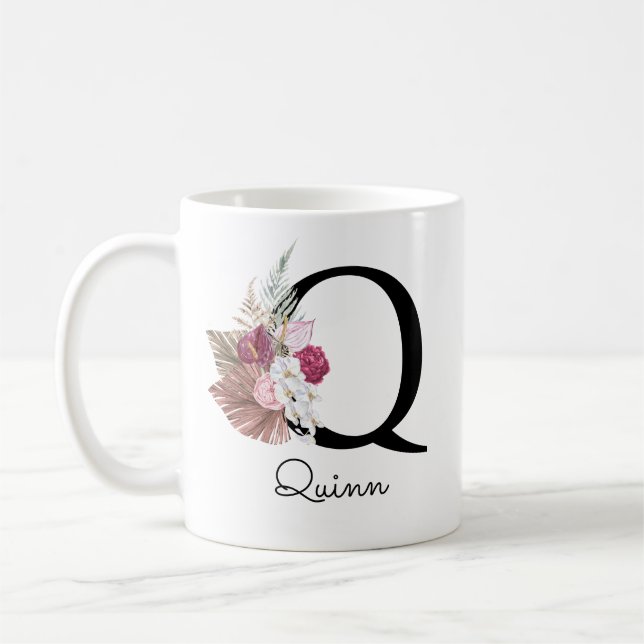 Caneca De Café Inicial Floral Boho Rosa Monograma Q Garota (Esquerda)