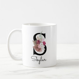 Caneca De Café Inicial Floral Boho Rosa Monogramada S