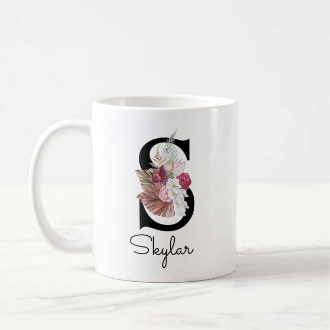 Caneca De Café Inicial Floral Boho Rosa Monogramada S (Esquerda)