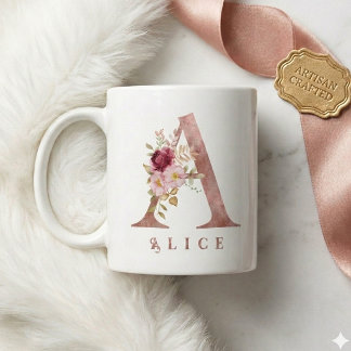 Caneca De Café Inicial Floral Dourado Rosa Personalizada Letra A 