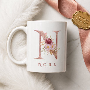 Caneca De Café Inicial Floral Dourado Rosa Personalizada N
