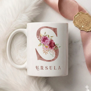 Caneca De Café Inicial Floral Dourado Rosa Personalizada S
