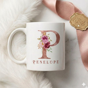 Caneca De Café Inicial Floral Personalizada em Ouro Rosa P