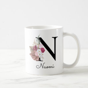 Caneca De Café Inicial Floral Rosa Boho Personalizada N