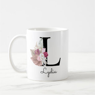 Caneca De Café Inicial Floral Rosa Monogramada L