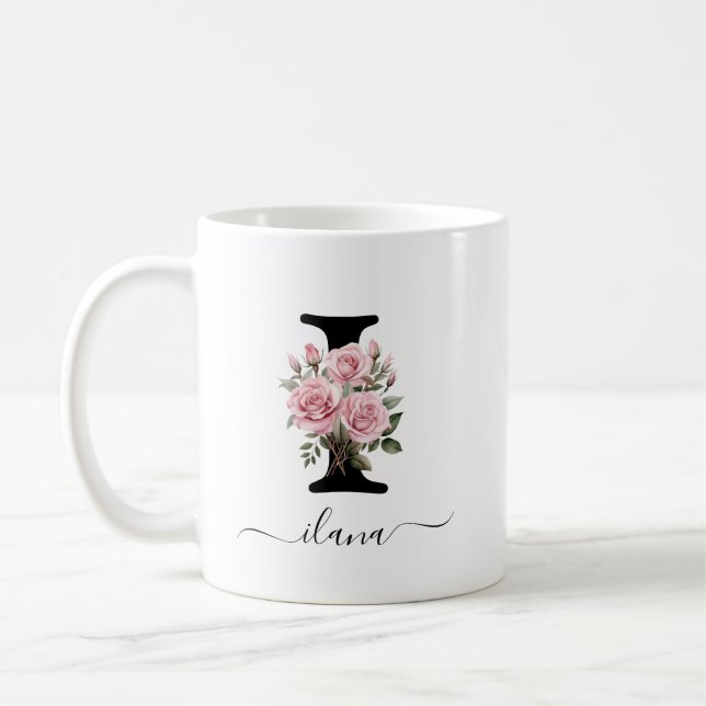 Caneca De Café Inicial I Monograma Floral Flor Rosa Rosas Rosa Mu (Esquerda)