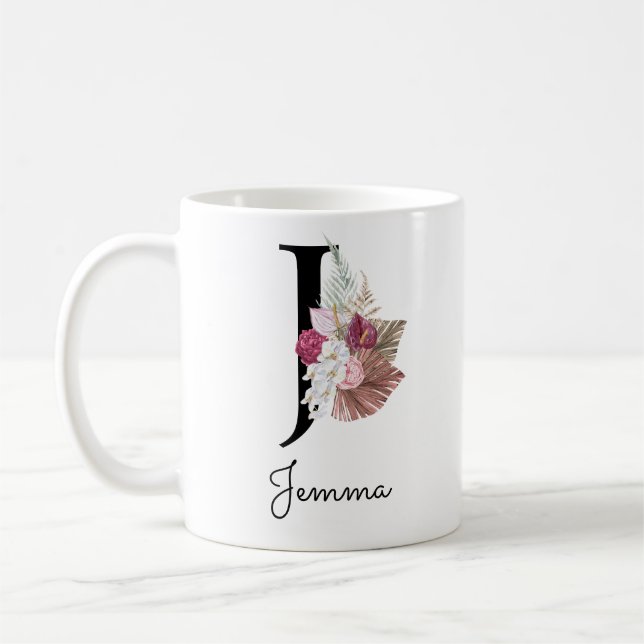 Caneca De Café Inicial J Floral Rosa Monogramada (Esquerda)