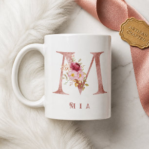 Caneca De Café Inicial M Floral Dourado Rosa Personalizada