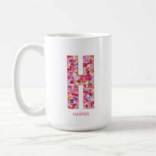 Caneca De Café Inicial Personalizada   Letra Floral Monograma H