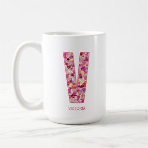 Caneca De Café Inicial Personalizada   Letra Floral Monograma V 