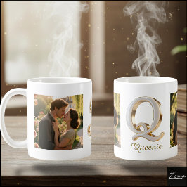 Caneca De Café Inicial Q em Luxo Cursivo Dourado Branco + 2 FOTO