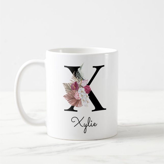 Caneca De Café Inicial S Monogramada Rosa Boho Floral Feminina (Esquerda)