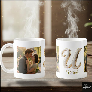 Caneca De Café Inicial U + 2 FOTO Luxuosa Cursiva Dourada Branca