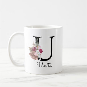 Caneca De Café Inicial U Floral Rosa Monograma