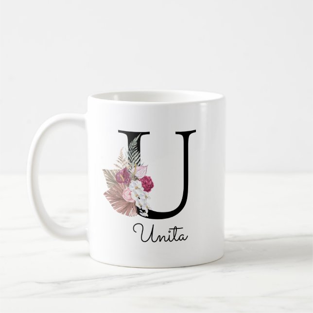 Caneca De Café Inicial U Floral Rosa Monograma (Esquerda)