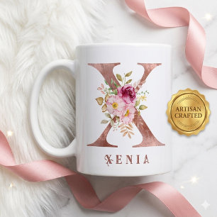 Caneca De Café Inicial X Floral em Ouro Rosa Personalizada