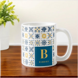 Caneca De Café Initial Mediterranean Floral Tile-Style Pattern 