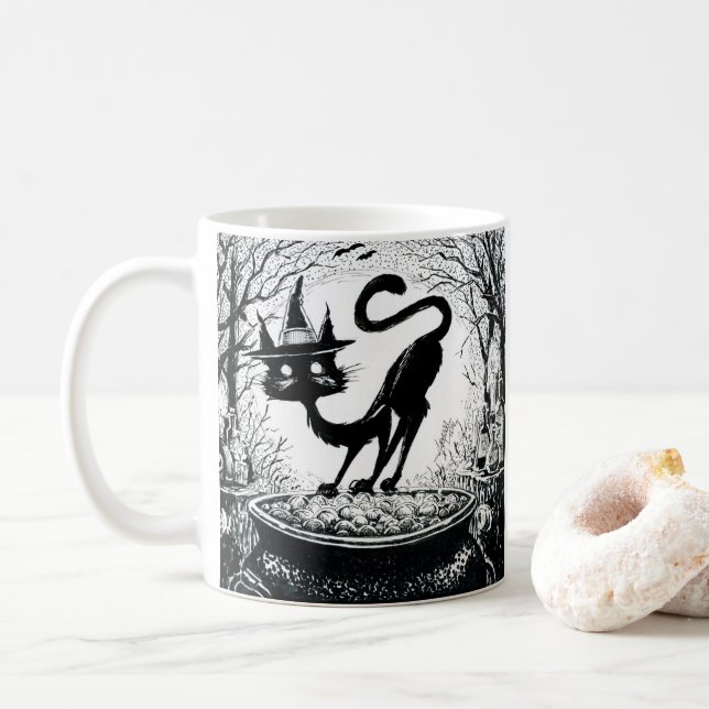 Caneca De Café Inktober 2018 Dia 4 - Gato Bruxedo (Com Donut)