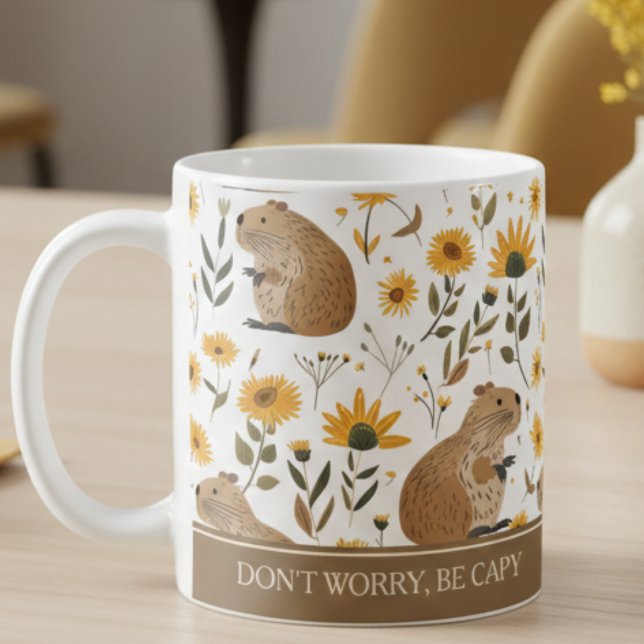 Caneca De Café Inspirador Capivara Fofo  (cute capybara sunflowers inspirational mug, don't worry be happy, cozy gift for coffee drinkers)