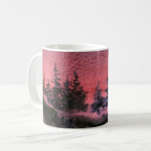 Caneca De Café Inverno coberto de pinheiros vermelho pôr do sol n