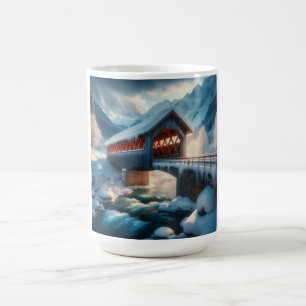 Caneca De Café Inverno, ponte coberta de neve & rio