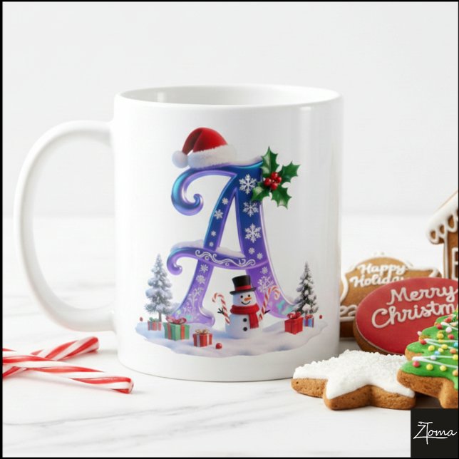 Caneca De Café Iridescent Christmas Letter A with Snowman (Criador carregado)