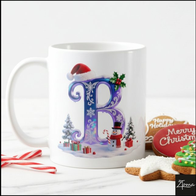 Caneca De Café Iridescent Christmas Letter B with Snowman (Criador carregado)